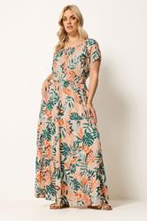 YOURS Plus Size Cream Leaf Tie Neck Bardot Maxi Dress | Yours Clothing 1