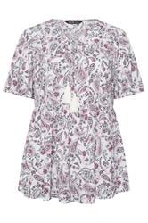 YOURS Curve White Paisley Embellished Tie Neck Top