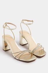 Gold Asymmetric Diamante Block Heel Sandals In Standard Fit