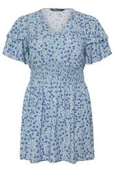 YOURS Curve Blue Ditsy Floral Flutter Sleeve Top