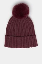 Burgundy Red Faux Fur Pom Pom Bobble Hat