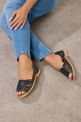Black Leather Woven Flat Sandals In Wide E Fit & Extra Wide EEE Fit | Yours Clothing 3