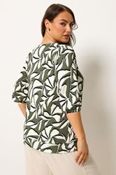 YOURS Plus Size Sage Green & White Leaf Print Puff Sleeve Top | Yours Clothing 2