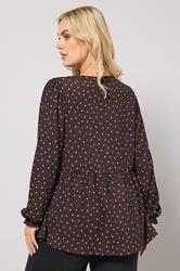 YOURS Plus Size Chocolate Brown Polka Dot Textured Peplum Top | Yours Clothing 2