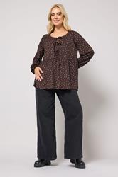 YOURS Plus Size Chocolate Brown Polka Dot Textured Peplum Top | Yours Clothing 1