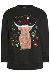 YOURS Plus Size Black Highland Cow Sequin Embellished Novelty Christmas Sweatshirt | Yours Clothing 5