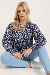 Yours Plus Size Blue Floral Sequin Embellished Tie Neck Blouse 3
