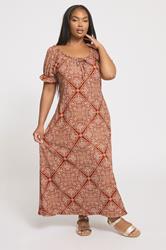 YOURS Plus Size Rust Brown Paisley Textured Milkmaid Dress | Yours Clothing 3