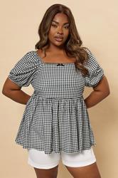 YOURS Plus Size Black Gingham Bow Front Peplum Top | Yours Clothing 1