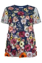 YOURS LONDON Curve Navy Blue 3D Floral T-Shirt