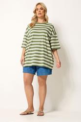 YOURS Plus Size Khaki Green & Cream Boxy T-Shirt | Yours Clothing 1