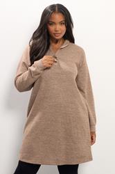 YOURS Plus Size Natural Brown Ribbed Quarter Zip Jumper Dress | Yours Clothing 3
