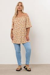 YOURS Plus Size Orange Textured Leaf Print Bardot Top | Yours Clothing 1