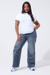 LIMITED COLLECTION Plus Size Indigo Blue Denim Butterfly Embroidered Jeans | Yours Clothing 3