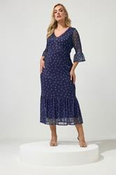YOURS LONDON Plus Size Navy Blue Polka Dot Mesh Tiered Dress | Yours Clothing 1