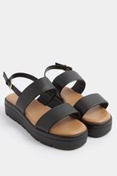 Black Faux Leather Padded Wedge Sandals In Extra Wide EEE Fit