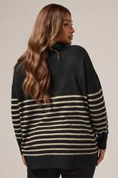 YOURS Plus Size Black & Beige Brown Striped Button Neck Jumper | Yours Clothing 2