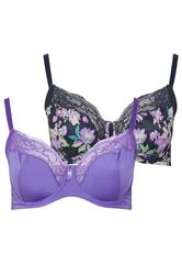 YOURS 2 PACK Plus Size Black & Purple Floral Underwired Bras | Yours Clothing 1