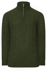BadRhino Big & Tall Duffel Green Cable Knit Quarter Zip Jumper | BadRhino 1