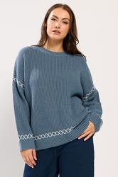 YOURS Plus Size Blue Blanket Stitch Jumper | Yours Clothing 1