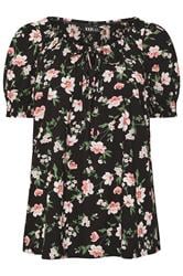 YOURS Curve Black Floral Print Tie Neck Top