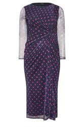 YOURS LONDON Curve Navy Blue & Pink Polka Dot Knot Dress