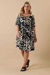 YOURS Plus Size Black Abstract Floral Tie Neck Mini Dress | Yours Clothing 1