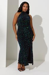 YOURS LONDON Plus Size Black & Green Velvet Sequin Maxi Dress | Yours Clothing 1