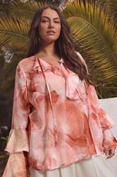 EVANS Plus Size Pink Floral Print Ruffle Sleeve Blouse | Evans 6