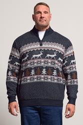 D555 Big & Tall Navy Blue Christmas Quarter Zip Jumper | BadRhino 3