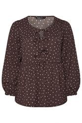 YOURS Curve Chocolate Brown Polka Dot Textured Peplum Top