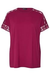 YOURS Curve Dark Pink Crochet Sleeve Boxy T-Shirt | Yours Clothing 5