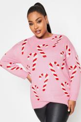 YOURS Plus Size Pink Candy Cane Print Christmas Jumper | Yours Clothing 2