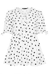 YOURS Curve White Polka Dot Bow Front Peplum Top