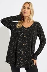 YOURS Plus Size Black Polka Dot Ribbed Button Top | Yours Clothing 1