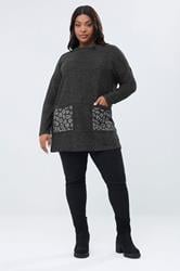YOURS Plus Size Grey Leopard Diamante Embellished Pocket Top | Yours Clothing 1