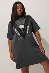 LIMITED COLLECTION Plus Size Grey Skull Graphic Lace T-Shirt Dress | Yours Clothing 1