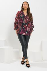YOURS Plus Size Black & Pink Floral Metallic Tie Neck Blouse | Yours Clothing 1