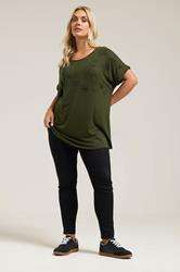 YOURS Plus Size Khaki Green Star Print Grown-On Sleeve T-Shirt | Yours Clothing 1