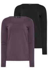 LTS Tall 2 PACK Purple & Black Square Neck Tops
