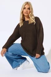 YOURS Plus Size Chocolate Brown Waffle Knit Jumper | Yours Clothing 3