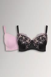 YOURS 2 PACK Plus Size Black & Pink Embroidered Padded Bras | Yours Clothing 3