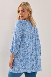 YOURS Plus Size Blue Paisley Print Sequin Tie Neck Top | Yours Clothing 2