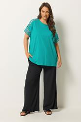 YOURS Plus Size Blue Crochet Sleeve T-Shirt | Yours Clothing 1