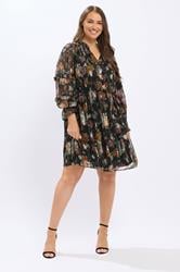 YOURS Plus Size Black Floral Metallic Tie Neck Mini Dress | Yours Clothing 2