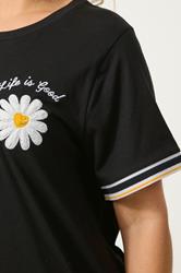 YOURS Plus Size Black Daisy 'Life Is Good' Varsity Trim T-Shirt | Yours Clothing 4