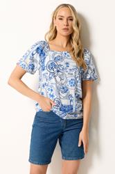 LTS Tall Women's White & Blue Mediterranean Print Blouse | Long Tall Sally 3