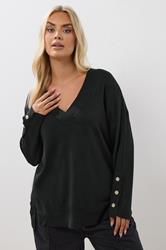 YOURS Plus Size Black Button Sleeve V-Neck Jumper | Yours Clothing 3