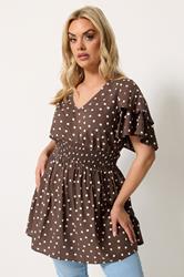 YOURS Plus Size Chocolate Brown Polka Dot Flutter Sleeve Top | Yours Clothing 3