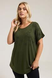 YOURS Plus Size Khaki Green Star Print Grown-On Sleeve T-Shirt | Yours Clothing 3
